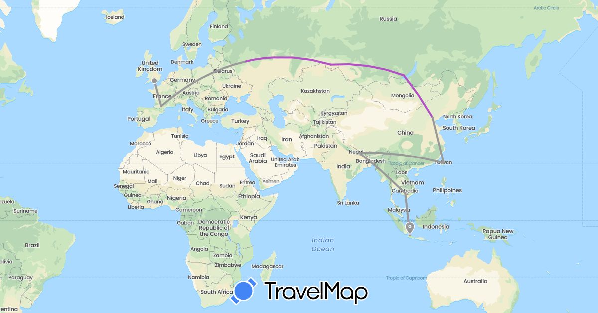 TravelMap itinerary: plane, train in China, United Kingdom, Indonesia, Cambodia, Nepal, Russia, Taiwan (Asia, Europe)